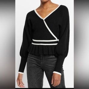 Tipped Faux Wrap Ruffle Peplum Sweater